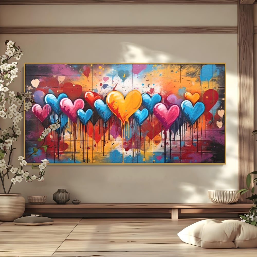 Tablou canvas cu tablou canvas cu inimi colorate, in rama de aluminiu auriu